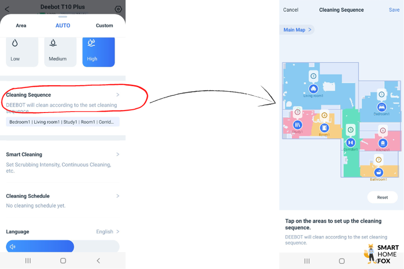 Die Reinigungsreihenfolge wird in der ECOVACS DEEBOT T10 App festgelegt